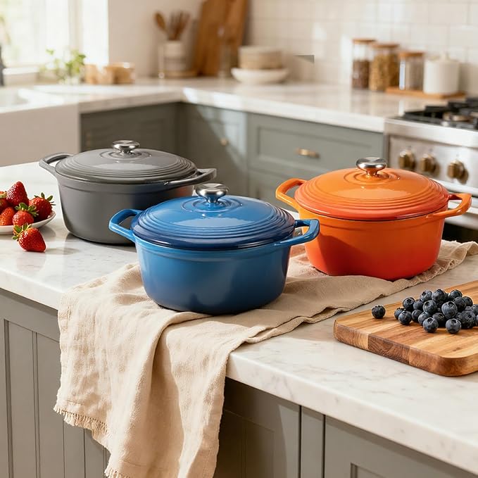 Overmont Enameled Cast Iron Dutch Oven - 5.5QT Pot with Lid Cookbook & Cotton Potholders - Heavy-Duty Cookware for Braising, Stews, Roasting, Sourdough Baking Orange