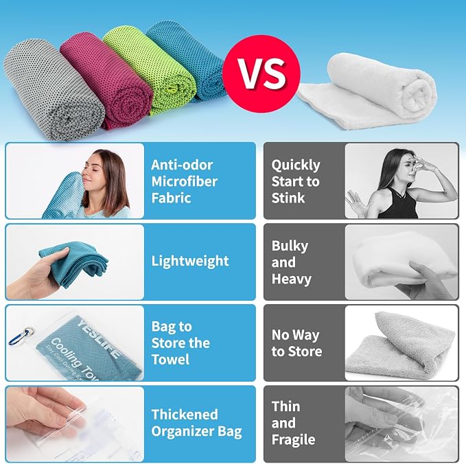 YESLIFE Cooling Towels, 4-Pack 40"x12", Multicolor Set A | Microfiber gym towels, soft breathable neck wrap, cooling towel for yoga running sport camping, Multicolor, 4-pack