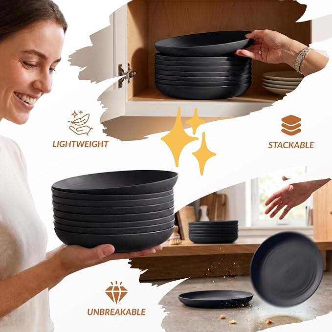 Wheat Straw Plates Unbreakable Deep Dessert Plates Set of 8 Plastic Plates Reusable Microwave Safe Plate for Kitchen Camping Party Dishwasher Safe Stackable Appetizer Plates (8in, Black)