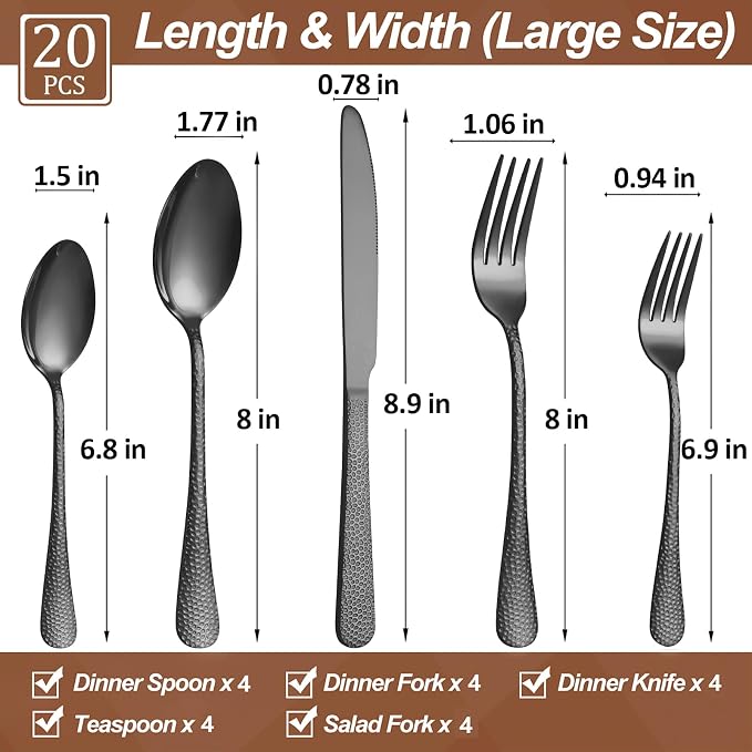 Silverware Set,20-Piece Stainless Steel Flatware Set for 4 | Food-Grade Stainless Steel Cutlery Set,Dishwasher Safe,Mirror Finished Utensil Sets for Home Restaurant,Wave Hammered,Black