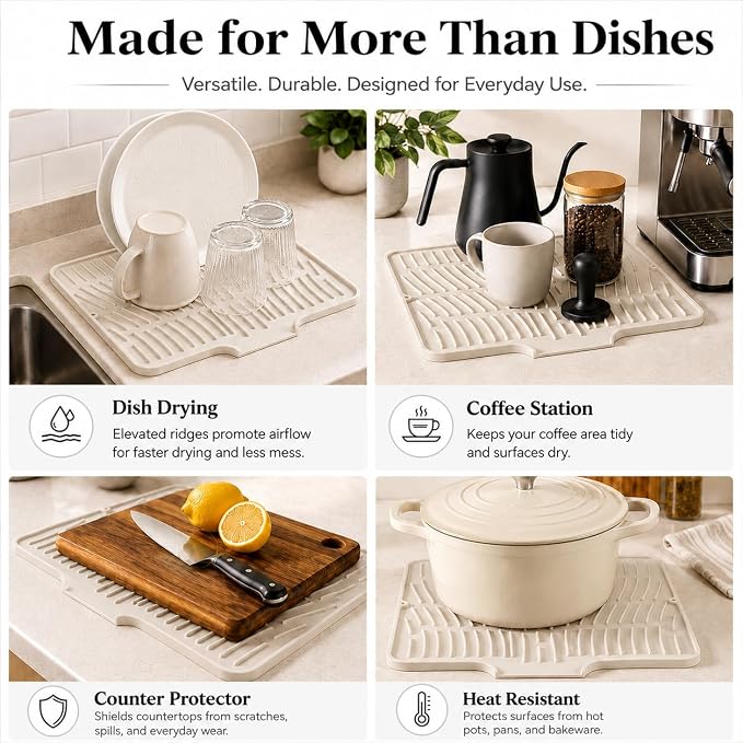 Silicone Dish Drying Mat with Drain Lip (Beige, 15.8inx13in) | Raised ridges elevate dishes and create space for water to move across the silicone surface.