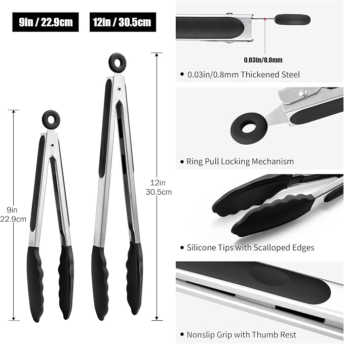 Doosu Kitchen Tongs with Silicone Tips for Cooking Serving (9+12in, Black) | 600°F Heat Resistant Food Tong, Heavy Duty Stainless Steel Locking Tong for BBQ, Grilling Steak, Salad, Toast, Pasta