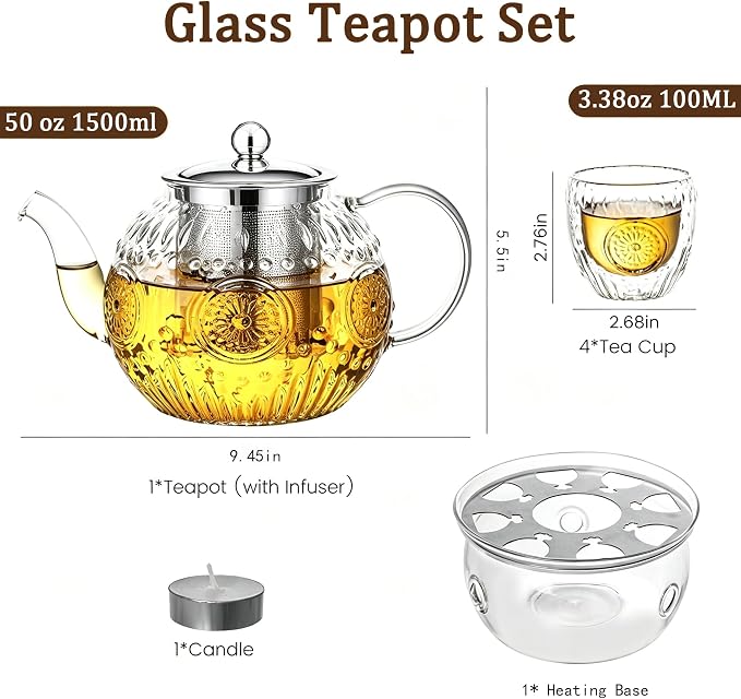 Amzcku 50OZ/1500ml Vintage Glass Teapot Set with 4 Cups, Teapot Set with Removable Infuser Stovetop Safe, Borosilicate Glass Tea Kettle for Blooming & Loose Leaf Tea