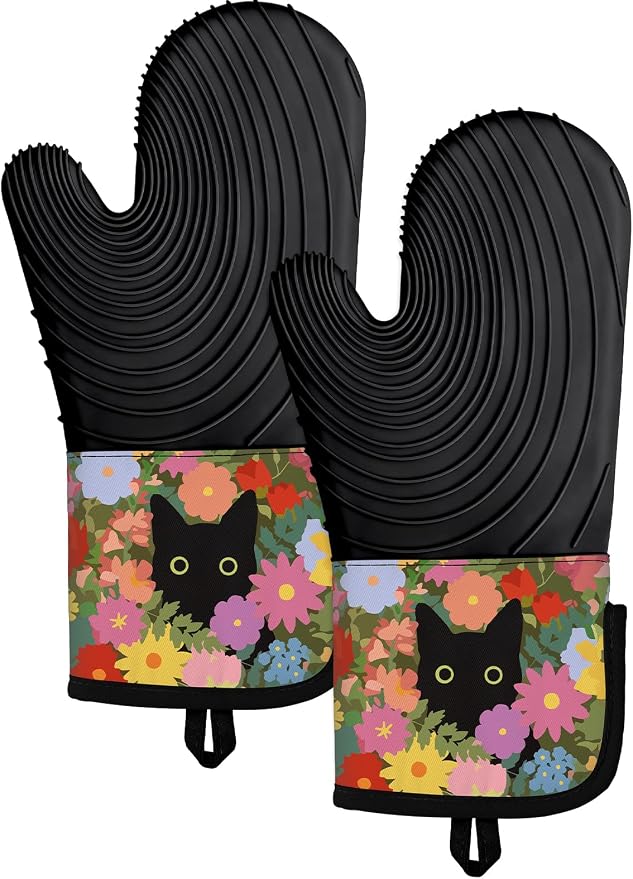 Slohif Long Silicone Oven Mitts Heat Resistant for Women - 2 Pcs Black Cat 100% Cotton Oven Gloves, Non-Slip and Waterproof Silicone Oven Mitts with Hanger for Baking and Cooking