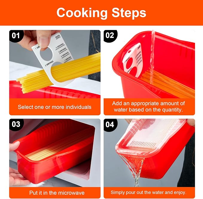 Microwave Pasta Cooker with Strainer Lid & Built-in Measuring Card | Quickly Cook 1-4 Servings-No Mess, Sticking or Waiting for Boil, Pasta Cooker in Microwave for Dorm, RV,Kitchen & Quick Meals
