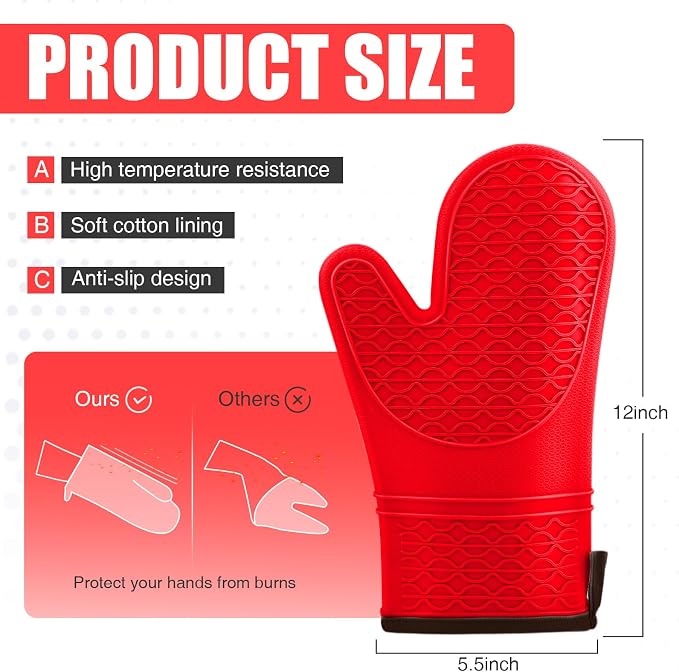 Silicone Oven Mitts, Heat Resistant 2PCS Oven Mitts with Soft Cotton Lining, Waterproof Non-Slip Grip Oven Glove, Kitchen Potholder Mits for BBQ, Baking, Cooking, 12.5 Inch - Red