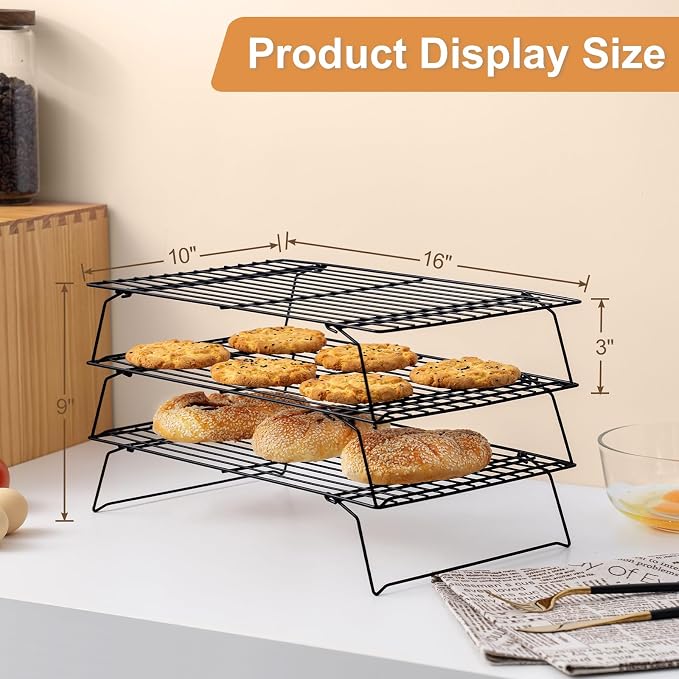 Cooling Rack for Cooking Baking 3 Tiers, 16" x 10" Wire Rack, Black | Thick Wire Rack, Oven & Dishwasher Safe, for Roasting, Grilling, Drying, Fits Half Sheet Pan