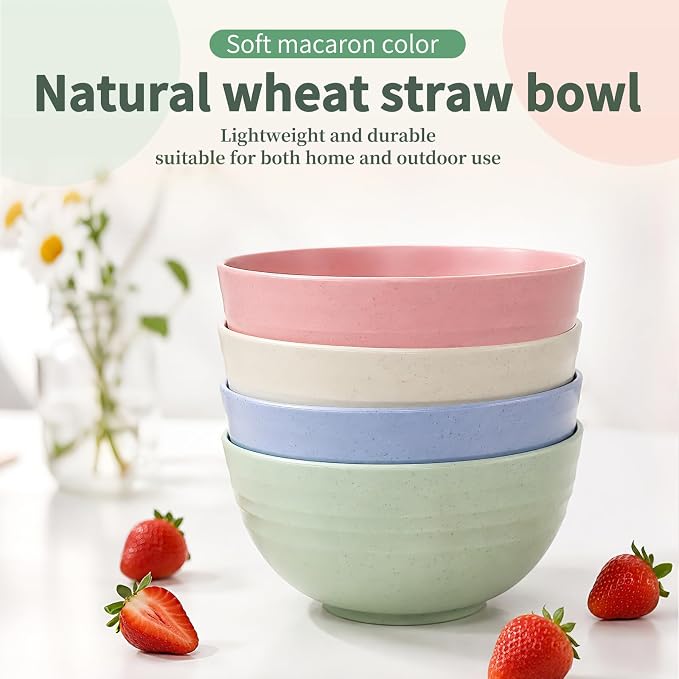 DUOLUV Unbreakable Cereal Bowls - Wheat Straw Fiber Lightweight Bowl Sets 4 - Dishwasher & Microwave Safe - for,Rice,Soup Bowls (24 OZ)