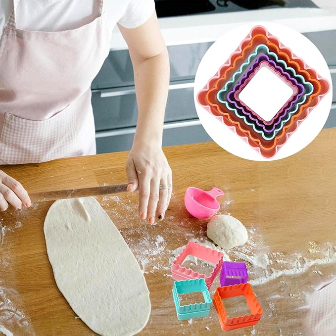Cookie Biscuit Cutter Set, Two Side Cookie Cutters Plastic Set Multi-size Cake Fruit Vegetable Shapes Cutter Random color (Square Shaped, 5 Pack)