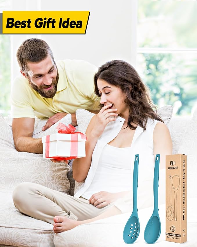 Pack of 2 Silicone Cooking Spoons, Non Stick Solid Kitchen Spoon with Measuring Marks & Back Hooks, Heat Resistant Silicone Slotted Spoon for Cooking, Mixing, Stirring,Serving (BLUE)