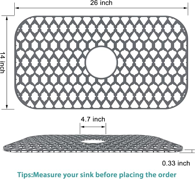 Silicone Kitchen Sink Protectors Mats - 12" 13" 14" 16" 18" 19" 21" 22" 24" 25" 26" 28" 30", Heat Resistant, Machine-wash (26”x14”, Center Drain)