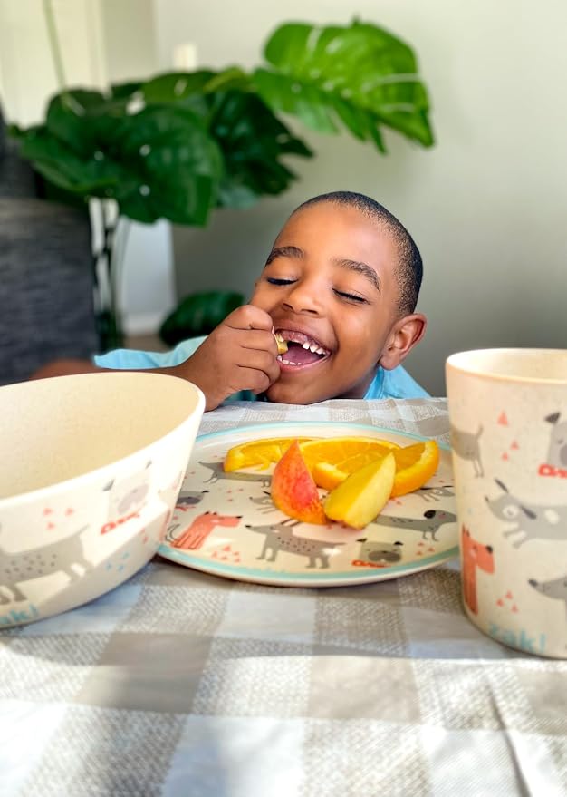Zak Designs Kids Dinnerware Set 3 Pieces, Durable and Sustainable Melamine Bamboo Plate, Bowl, and Tumbler are Perfect For Dinner Time With Family (Dog)