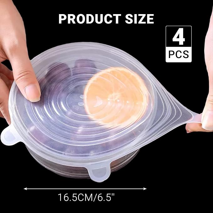4 Pack 6.5in Reusable Silicone Stretch Lids, Silicone Bowl Covers for Food Storage, Universal Stretchable Lids for Containers Produce, Elastic Expandable Seal Cover, Microwave Freezer Safe