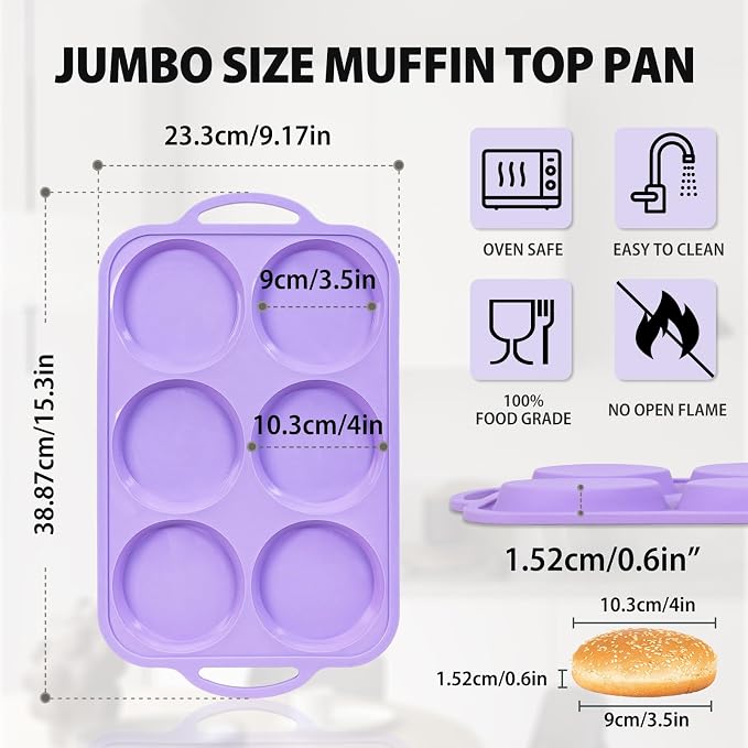 4 Inch Jumbo Silicone Muffin Top Pan with Frame Non Stick Egg Mold Baking | Silicone Egg Mold for Oven, Large Whoopie Pie Baking Pan with Handle for English Breakfast Sandwich Egg Bite Bun Tart Vnray