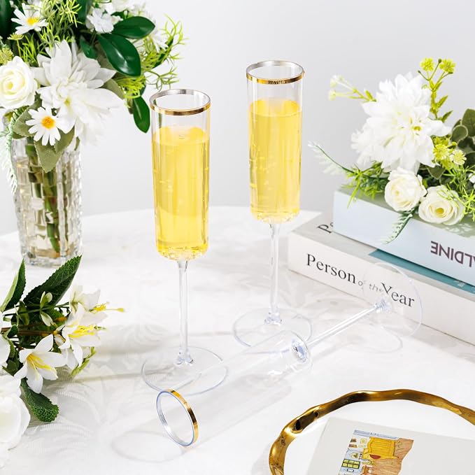 Ciaell 24 Pack Gold Plastic Champagne Flutes for Weddings Birthdays | 6 oz Clear Gold Rim Square Toasting Cups, Heavy Duty Plastic, Champagne Wine Mimosas Cocktails for Anniversaries Parties Bars