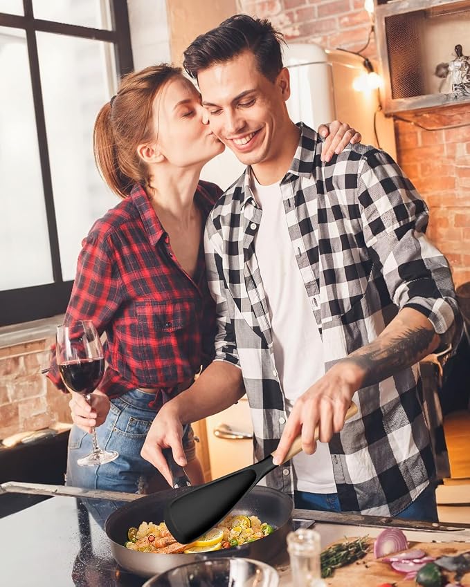 Multifunction Spoon for Nonstick Cookwares, Great for Cooking and Serving, Sturdy BPA-Free Matte Silicone, Wood Handle Spoonula for Mixing, Scoop, and Scrape, Black(2 pack,11.4" & 13.4")