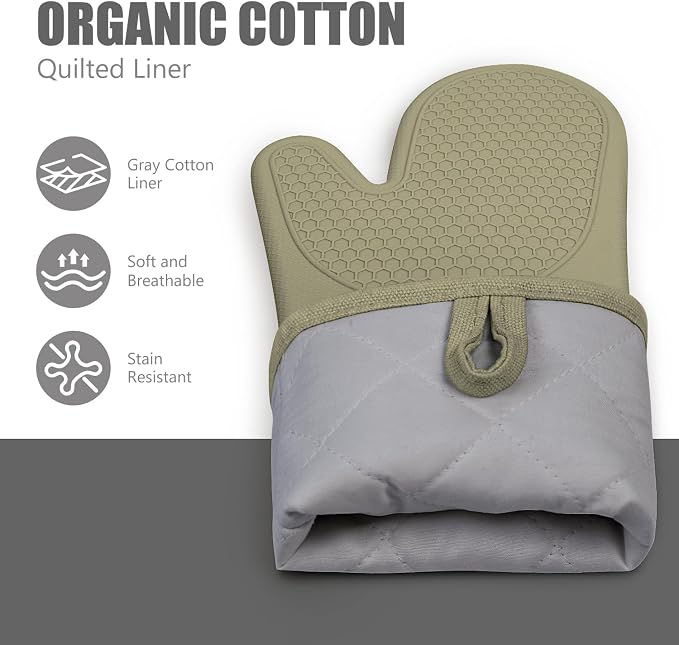RORECAY Silicone Oven Mitts and Pot Holders Sets for Kitchen, Sage Green | Set of 6 Kitchen Mitts for Baking & Cooking, Heat Resistant 500 ℉, 12.7" Extra Long, Non-Slip & Waterproof, Quilted Cotton