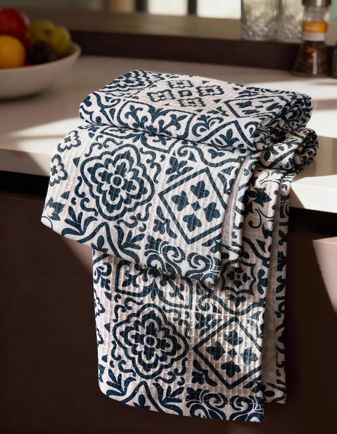370GSM Cotton Waffle Kitchen Towels, Block Print | Pure Cotton, Sustainable, Waffle Weave, Terry Cloth, Highly Absorbent, Decorative, 16"x25", with Hanging Loop