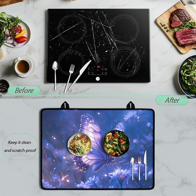 Butterfly Purple Stove Top Cover for Electric Stove, Multifunctional Stove Mat, Heart Resistant Cooktop Cover, Folding Range Top Cover, Countertop Dust Protection Cover, 30 x21 Inches