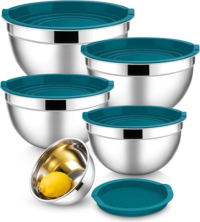 E-far Mixing Bowls with Lids Set, Stainless Steel Cooking Salad Bowls, Blue | 10-Piece Metal Nesting Bowls with Airtight Lid for Kitchen Storage, Baking & Prepping, Dishwasher Safe, 0.7/1.5/2.1/3/4.6 QT