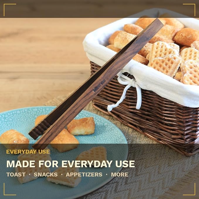 Wooden Tongs for Cooking – Set of 4 | Toaster Tongs & Salad Tongs | 10 Inch Wood Kitchen Tongs for Serving Food, Charcuterie & BBQ | Dark Hardwood | Heat Resistant