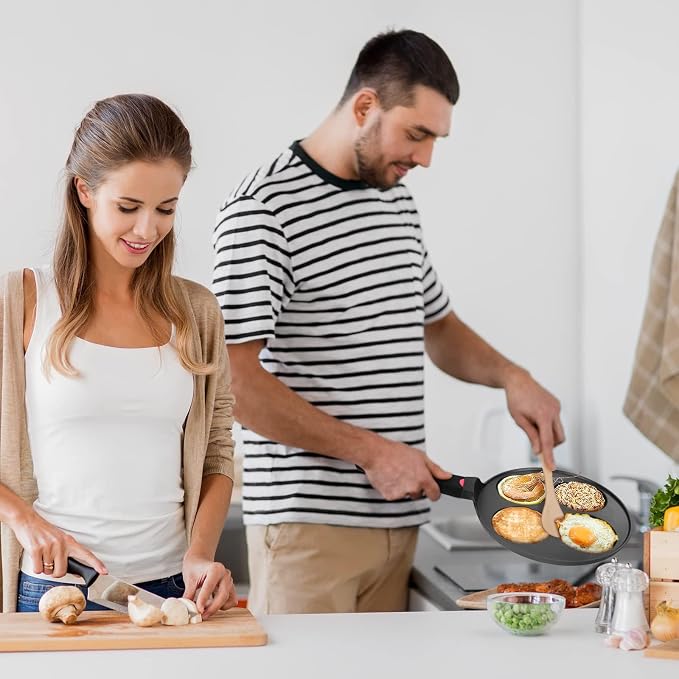 Pancake Pan Nonstick-Suitable for All Stovetops & Induction Cooker, 10.5 Inch Mini Silver Dollar Grill Blini Griddle Crepe Pan, 4 Molds Cake Egg Skillet, 100% PFOA Free Coating