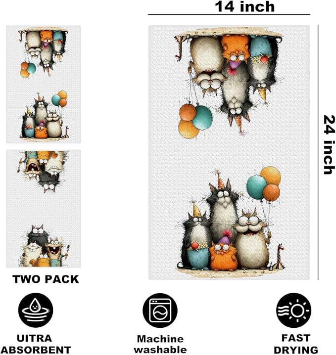 2 Pcs Cute Cat Kitchen Towels, Funny Cats Gifts Absorbent Hand Towels-05 | Cat Dish Cloths for Drying Dishes, Cats Waffle Dish Towels for Kitchen Home Bathroom Decor, Cat Lover Gifts for Women Mom