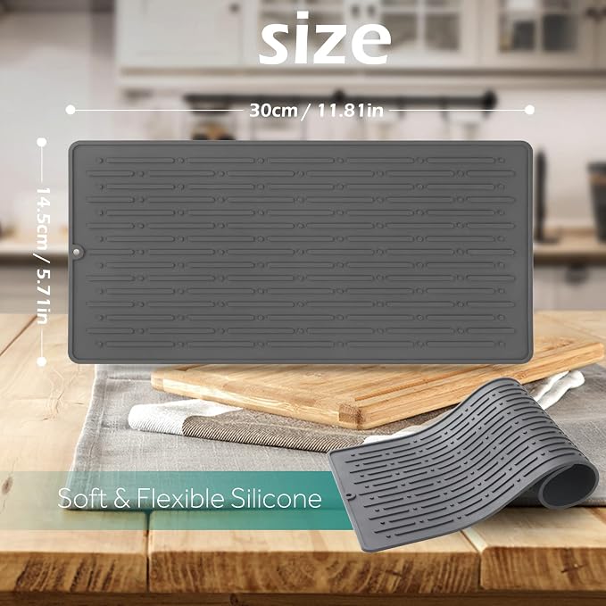 Dish Drying Mats, Heat-resistant Silicone Mat for Kitchen Counter, Non-Slip Dish Dry Mat Dishwasher Safe Medium, Gray