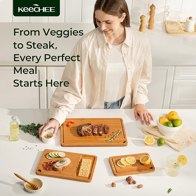Keechee Bamboo Cutting Board, Wood Chopping & Butcher Block for Kitchen | Non Toxic, Resisted-Cracking&Curling, Deep Juice Groove, Side Handles,Cross-Laminated Structure, Knife-Friendly, Gifts Ready