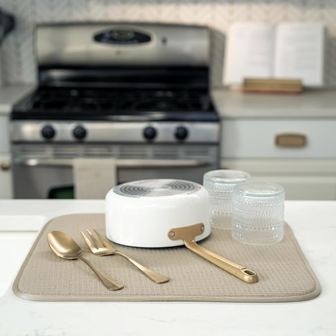 S&T INC. Dish Drying Mat, 16" x 18", Large, Beige | Absorbent Microfiber, Kitchen Counter Mat for Dishes, Utensils, Pots and Pans, Machine Washable