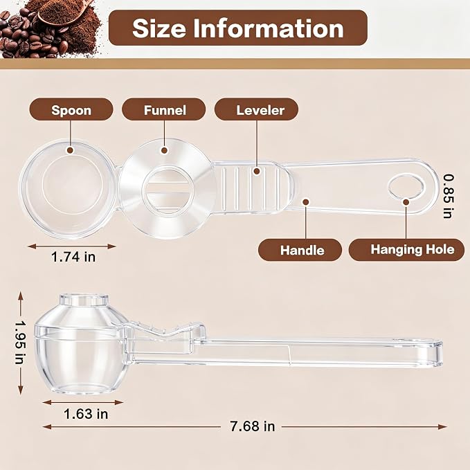 2-in-1 Coffee Scoop with Funnel, 2 Tbsp Measuring Spoon for Reusable K Cups, Ground Coffee, Protein Powder & Tea, Mess-Free Plastic Design (Black+Transparent, 2pack)
