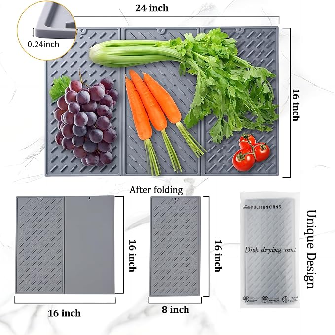 Silicone Dish Drying Mat for Kitchen Counter, Collapsible Trifold Large Dish Drainer Mat, Drying Mat with Hook, 24x16In Non-Slip Silicone Sink Mat, Easy to Clean