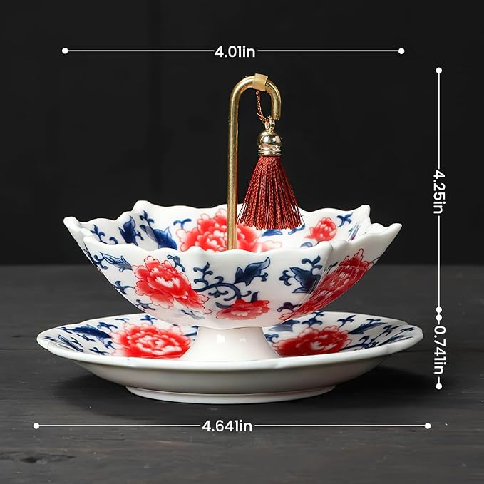 Umbrella Shape Ceramic Tea Strainer - Chinese Blue & White Porcelain Loose Leaf Filter with Rotating Design, Multi-Purpose Tea Infuser for Kung Fu/Coffee/Brewing (Red)