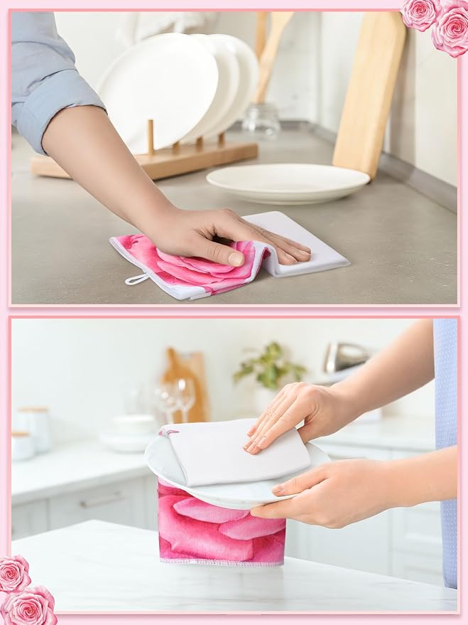 4 Pcs Pink Rose Kitchen Towels Floral Hand Tea Towels Gifts | Buffalo Plaid Absorbent Dishcloth Fast Drying Decor Housewarming Gift for Women Mom Cooking Kitchen Bathroom
