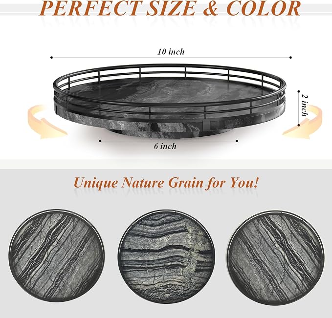 AMH 10-Inch Ancient Wood-Grain Marble Lazy Susan with Black Iron Frame | Smooth rotating oak tray with walnut finish for dining tables, kitchen counters, pantries and cabinet storage.