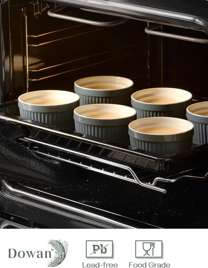 DOWAN 8 oz Porcelain Ramekins Bowls for Souffle, Creme Brulee, Classic Style Ramekins for Baking Oven Safe, Set of 6, Airy Blue