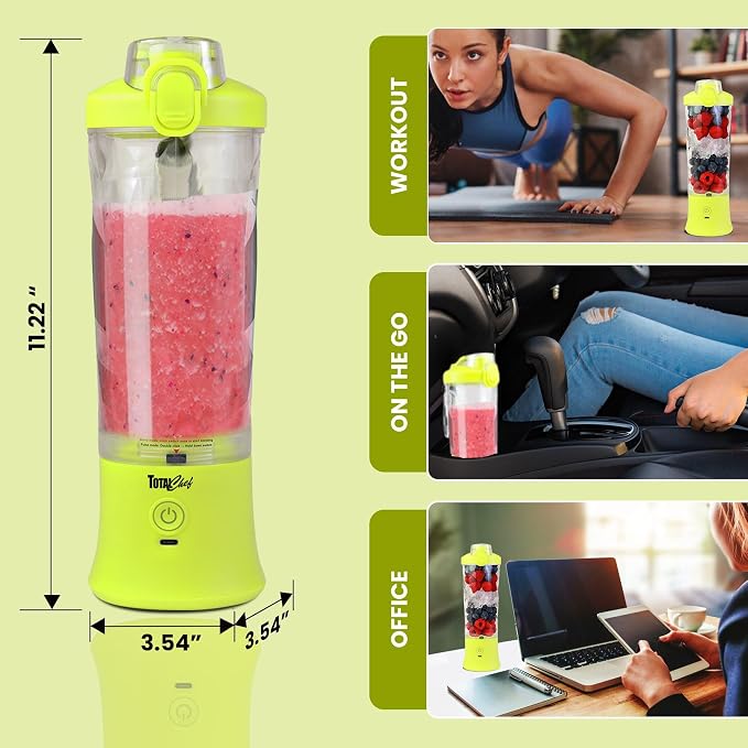 Total Chef Portable Blender - For Smoothies & Protein Shakes, USB Rechargeable Cordless Mini Travel Mixer, Personal Juicer, Ice Crusher, Blender Bottle for Home & Kitchen, 20oz, Neon Green