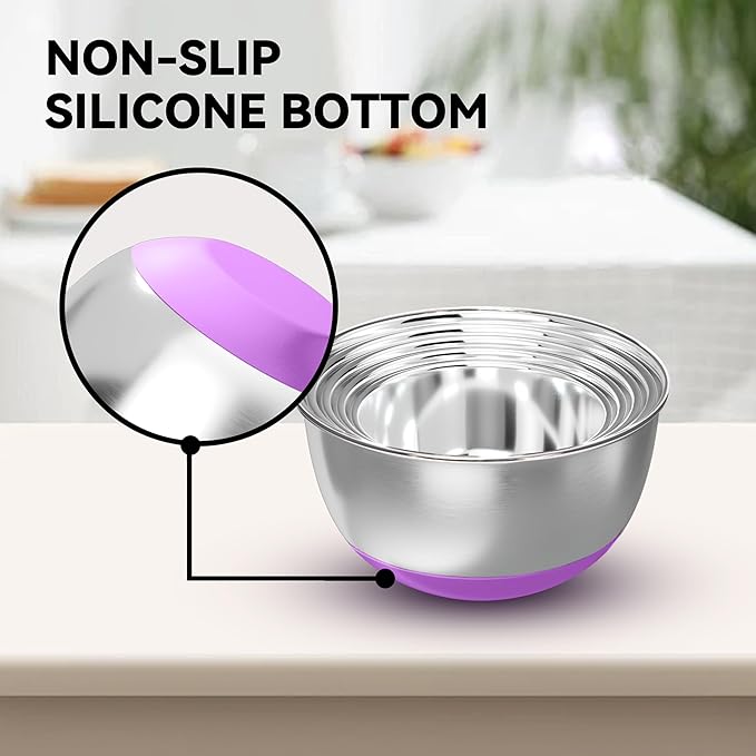 KITEISCAT Stainless Steel Mixing Bowls with Lids – Set of 5 Large Nesting Metal Bowls for Kitchen, Baking, Cooking, Food Prep & Storage, Non-Slip Base, Dishwasher Safe, Multicolor