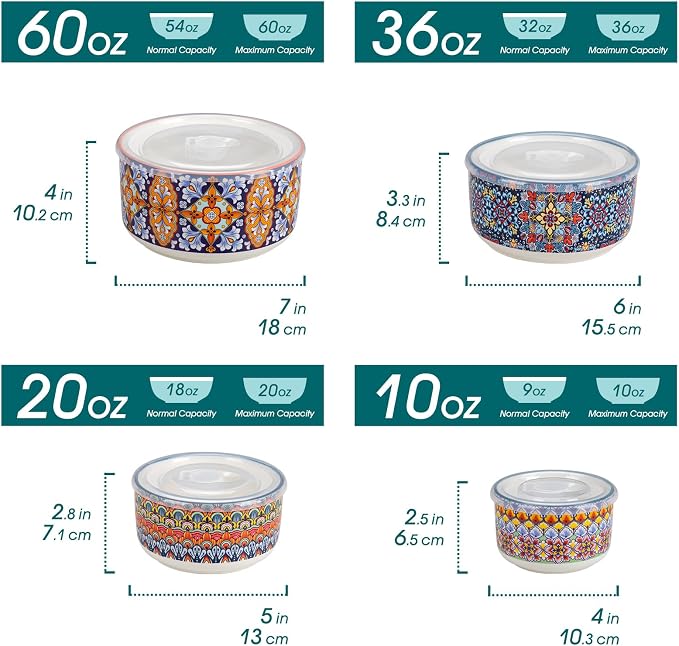 vancasso SIMI Serving Bowls with Lids, Ceramic Mixing Bowls Set of 4, Boho | Nesting Bowls for Food Storage, Prep, Stackable Bohemian Bowls, Dishwasher & Microwave Safe Gift Set, 60/36/20/10 OZ