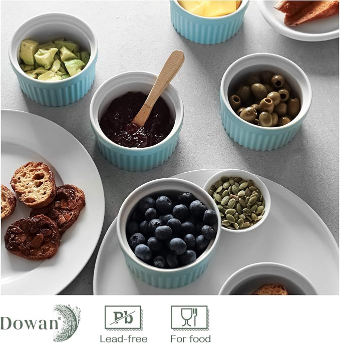 DOWAN 10 oz Porcelain Ramekins - Oven Safe for Creme Brulee & Souffle, Classic Style Baking Bowls, Set of 6, Blue