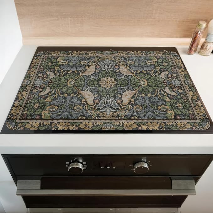 Boho Stove Top Cover for Electric Stoves,Vintage Bird & Botanical Floral Farmhouse Stove Top Cover for Kitchen Decor,Heat Resistant Cooktop Protector Mat,Non-Slip Washable Dish Drying Mat 28"x20"