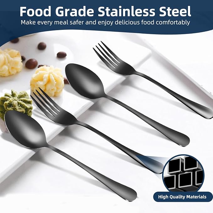 12 Pieces Spoons and Forks Set,Food Grade Stainless Steel Flatware Cutlery Set,6 Forks(6.8 inch)and 6 Spoons(6.6inch)Silverware Set for Home,Kitchen,Restaurant-Mirror Polished & Dishwasher Safe(Black)