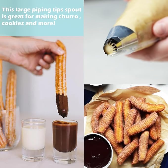 Hendiy 3 Pieces Stainless Steel 9FT Large Churro Piping Tip Set | Churro Maker Icing Tips, Pastry Tips for Cake Decorating, 20Pcs Disposable Piping Bags