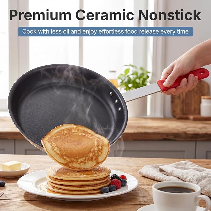 DUMOS 12 Inch Nonstick Frying Pan, Heavy-Gauge Aluminum Skillet with Ceramic Nonstick Coating, Stainless Steel Base & Handle, Omelet Pan for Induction, Electric, Gas, Oven Safe, Red Handle