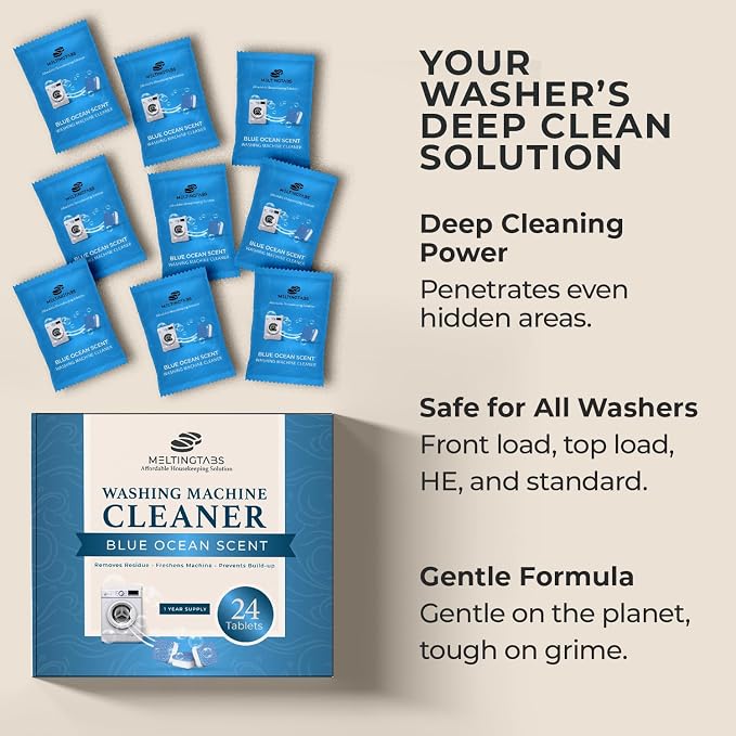 Washing Machine Cleaner Tablets, Ocean Scent, 24 Pack | Ocean scent. Removes detergent buildup, hard water deposits, grime & odor residue. HE, front load, top load. 24 tablets.