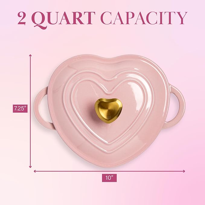 Paris Hilton Enameled Cast Iron Dutch Oven Pot with Lid, Heart-Shaped Dutch Oven, Durable Cast Iron Pot with Dual Handles, Oven Safe to 500°F, Works on All Stovetops, 2-Quart, Pink