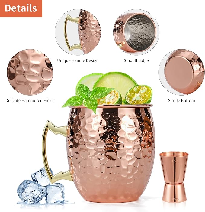 Amrules 4 Pcs 16oz Moscow Mule Mugs Hammered with Bar Accessories | 304 Stainless Steel Lining, Hammered Finish, Firm Handle, Include Straws, Opener & Jigger, for Cocktails, Wine, Beer & Party
