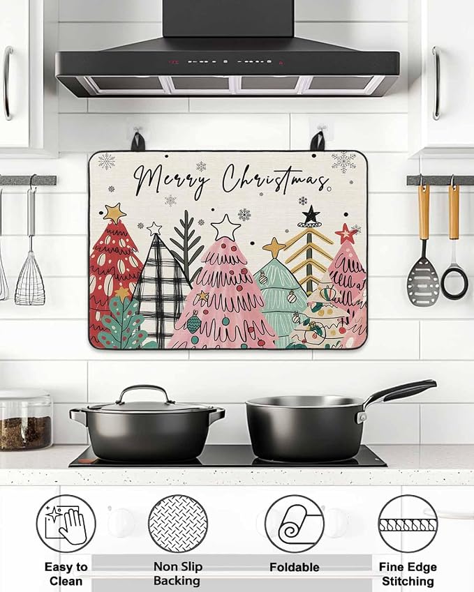 Stove Top Covers for Electric Stove 24x21 Inches, Pink Christmas Tree HeatResistant Glass Cooktop Protector, Vintage Beige Xmas Snowflake Doodle Ceramic Stovetop Countertop Covers Mat, Oven Cover