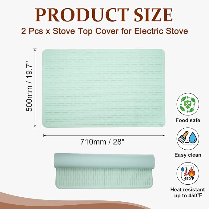 PATIKIL 28 x 20 Inch Stove Top Cover for Electric Stove, 2Pcs Silicone Stripe Mat for Glass Top Cover Non-Slip Glass Cooktop Protector for Kitchen Oven Dish Drying Mat, Light Green