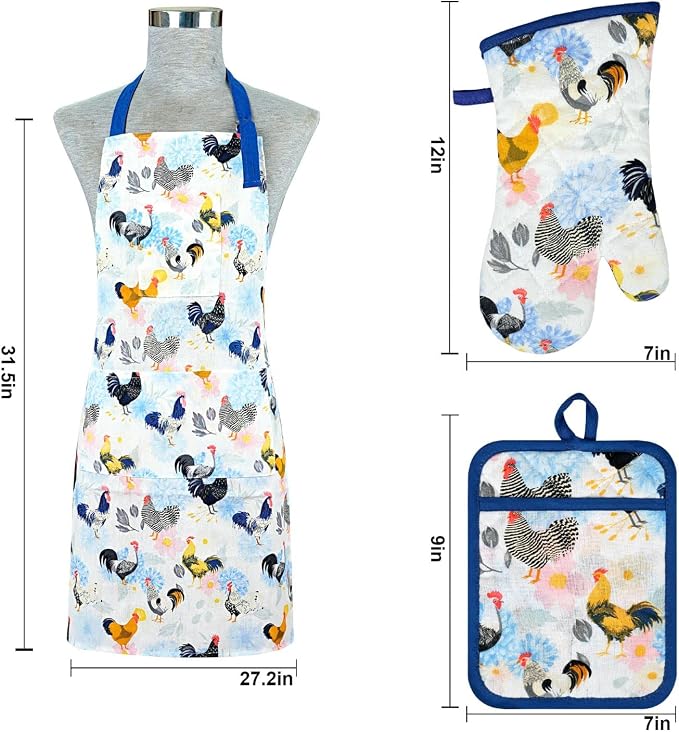Alselo Oven Mitts and Pot Holders with Chef Apron,Kitchen Set of 5 | Heat Resistant Kitchen Gloves and Silicone Non-Slip Potholders Adjustable Neck Buckle Chef Apron, Rooster Design (Rooster)